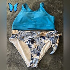 Blue Bikini Top and Leaf Print Bottoms by